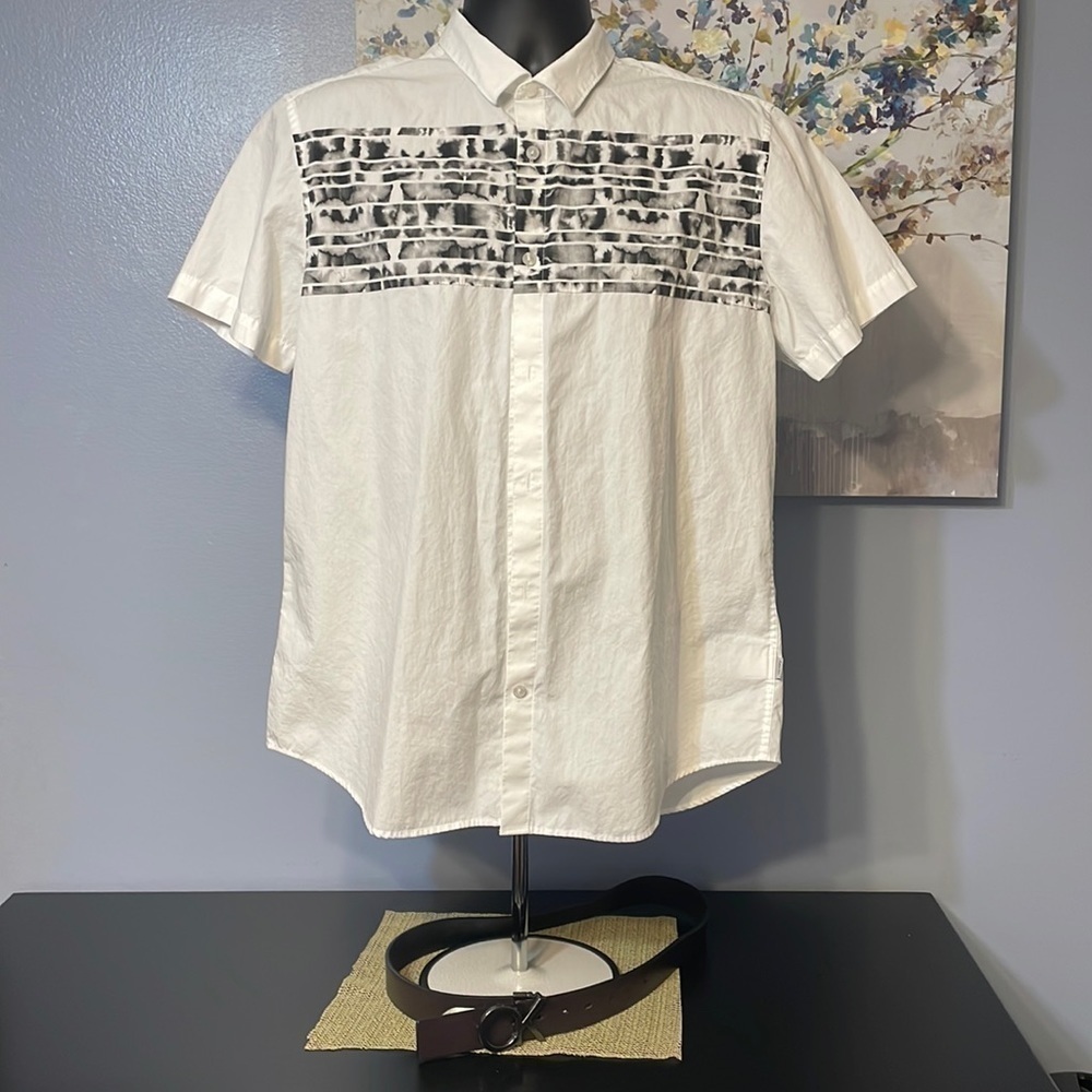 Calvin Klein Button Down Men Shirt L Bundle With Synthetic Leather Belt M 34-36